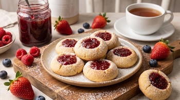 Plato de galletitas pepas con relleno de frutos rojos, un frasco de mermelada, frambuesas, arándanos, fresas y una taza de té sobre una mesa.
