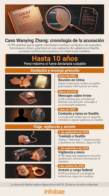 Infografía vertical con texto, mapas, un teléfono inteligente, una cámara fotográfica y una placa del FBI sobre fondo beige.
