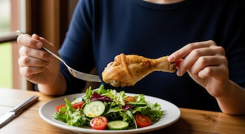 Una persona con una camiseta oscura sujeta una pata de pollo asada con la mano derecha y un tenedor con la izquierda sobre un plato de ensalada.