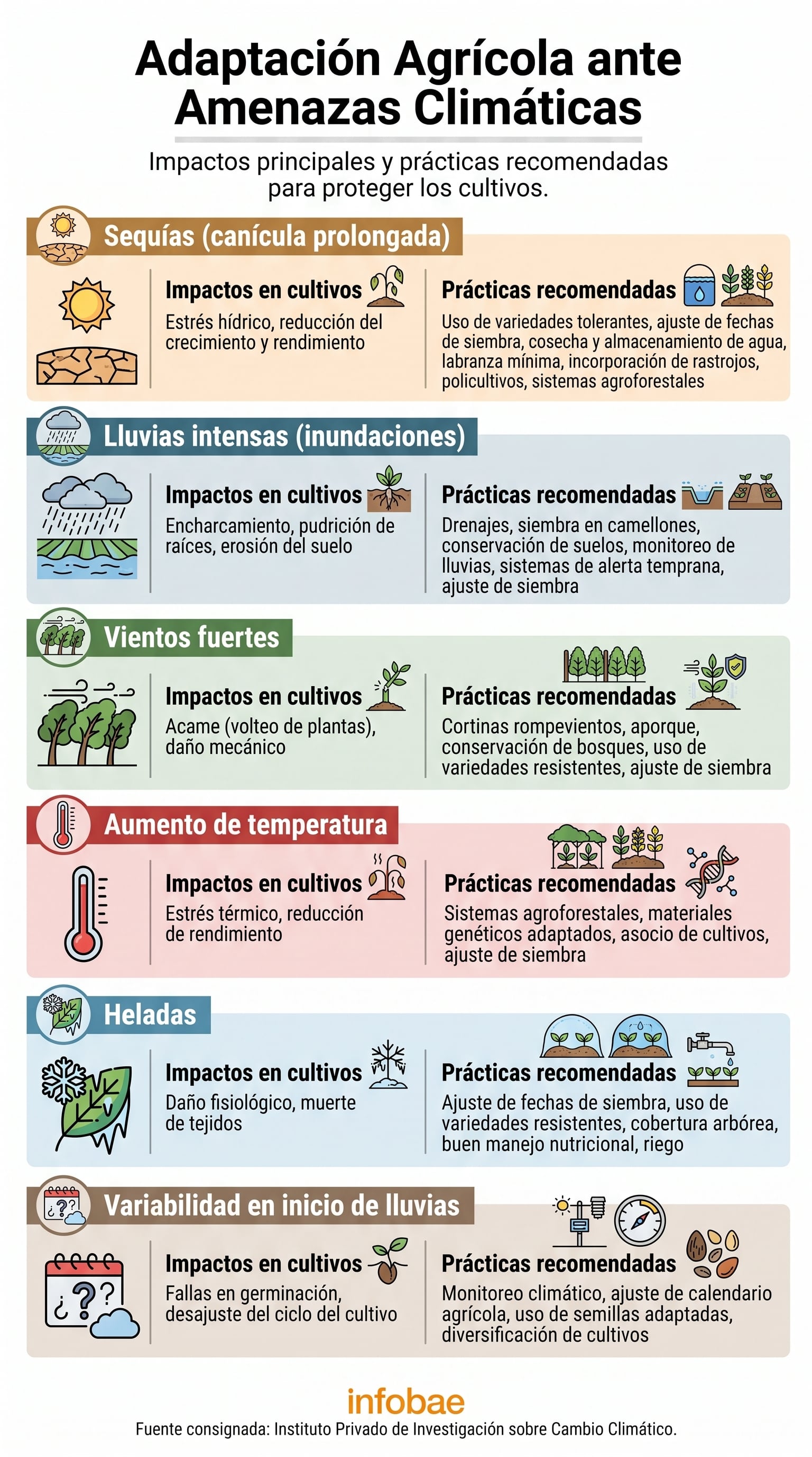El Instituto Privado de Investigación sobre Cambio Climático detalla los impactos agrícolas de seis amenazas meteorológicas y las medidas de adaptación recomendadas para proteger los cultivos. (Imagen Ilustrativa Infobae)