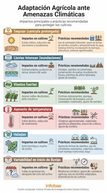 Infografía con seis secciones sobre amenazas climáticas que enumeran los impactos en los cultivos y las prácticas agrícolas recomendadas.