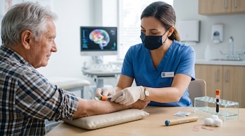 Una enfermera con mascarilla extrae sangre a un hombre mayor sobre una mesa con tubos médicos, frente a un monitor con una imagen cerebral.