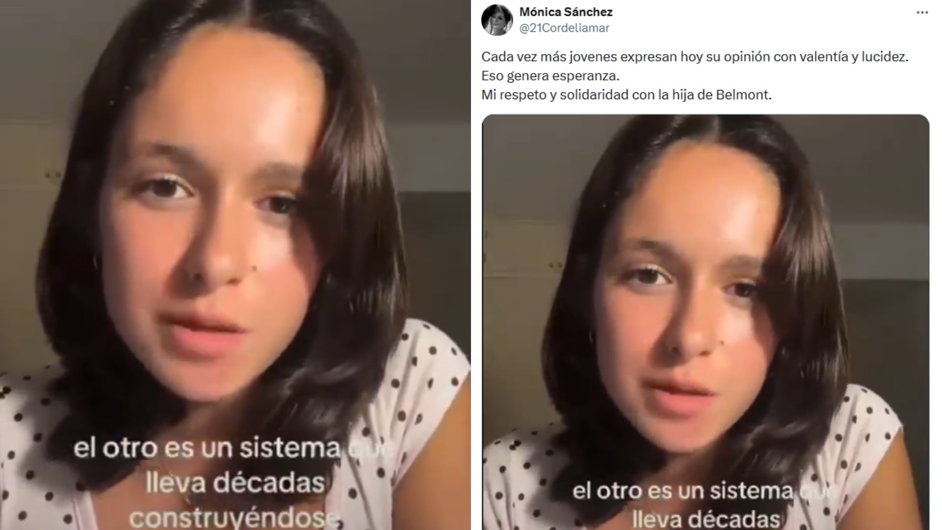 Mónica Sánchez expresa su admiración por la hija de Ricardo Belmont por ser frontal con su intención de voto.