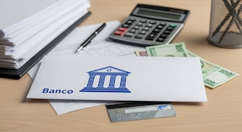 Escritorio de oficina con un sobre blanco que tiene el logo de un banco azul, billetes, tarjeta de débito, calculadora y documentos apilados.
