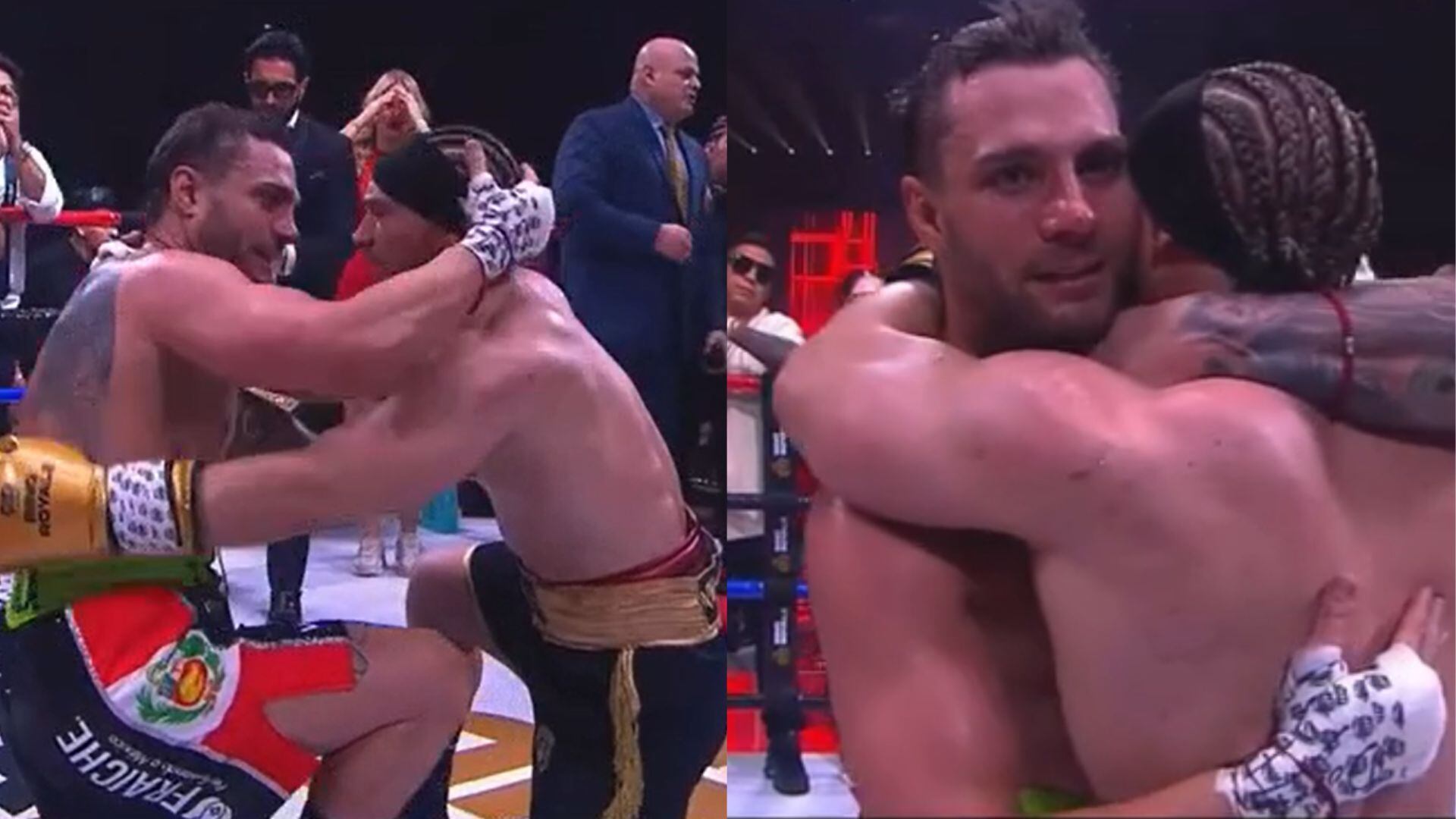 Nicola Porcella abraza a Aldo de Nigris en un gesto de deportividad tras perder su combate en el evento Ring Royale. (Ring Royale)