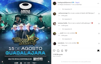 Cartel promocional del concierto de Los Alegres del Barranco en la Arena Guadalajara el 15 de agosto, con la banda posando frente a vehículos