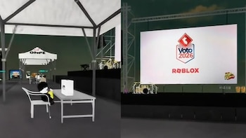 Vista dividida de un entorno virtual en Roblox: un avatar en una mesa bajo una carpa ONPE y una gran pantalla con el logo "Voto 2026" y "Roblox" en un escenario