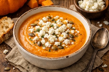 Un tazón de cerámica lleno de puré de calabaza naranja brillante, cubierto con queso desmoronado blanco, semillas de calabaza y hierbas frescas.