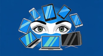 Un par de ojos humanos rodeados por pantallas encendidas de celulares, tablets, una computadora portátil y un televisor. Fondo azul.