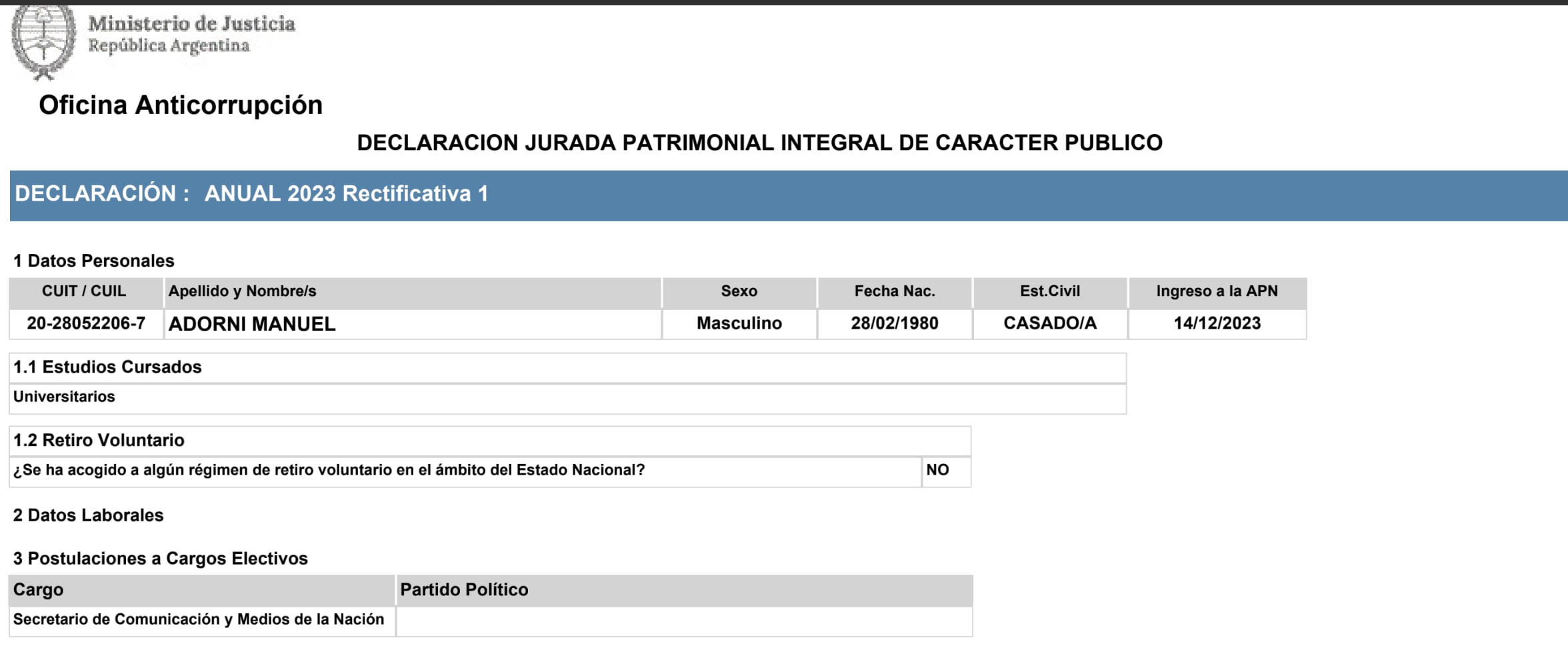 DDJJ 2024 Anual Rectificativa 1 que Adorni presentó ante la OA el 4 de agosto de 2025