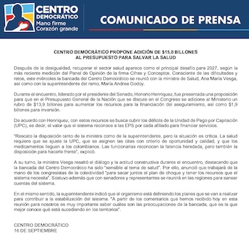 Ministerio de Salud y Centro Democrático - crédito Centro Democrático
