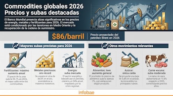 Infografía con gráficos de barras, líneas ascendentes, imágenes de petróleo, granos, fertilizantes, lingotes de oro, frutas, azúcar y carne. Muestra proyecciones de precios.