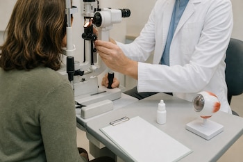 Un médico con bata examina a una paciente con una lámpara de hendidura sobre una mesa con un frasco y un modelo de ojo.