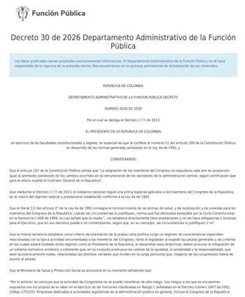 El Decreto 0030 de 2026 había suspendido el pago de la prima de $18.000.000 para los congresistas - crédito Función Pública