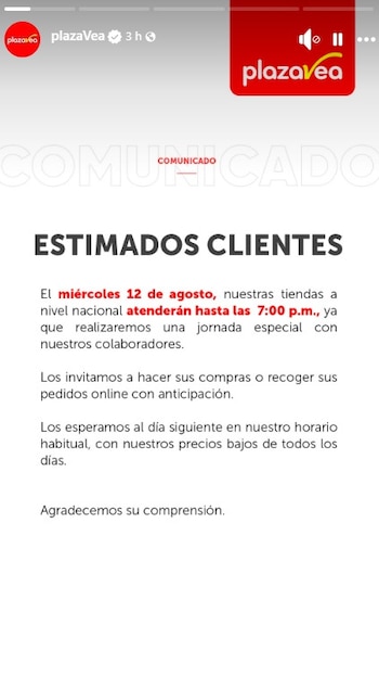 Comunicado de Plaza Vea sobre el cambio en su horario del miércoles.