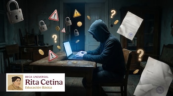 Persona con capucha en escritorio con laptop, rodeada de candados, señales de advertencia, signos de interrogación, monedas y documentos.