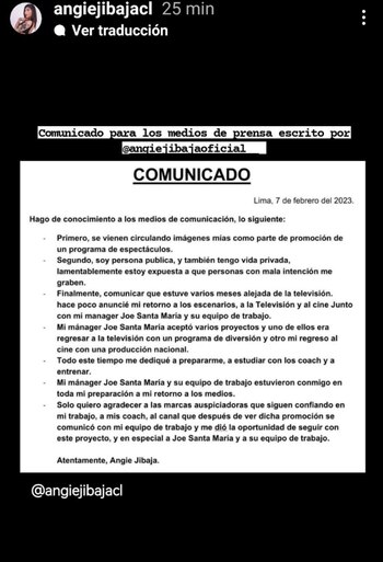 Angie Jibaja manda comunicado.