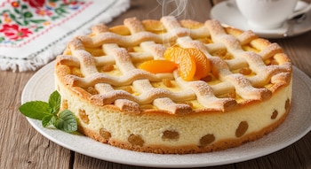 Primer plano de una tarta redonda humeante con rejilla de masa, crema, pasas y gajos de mandarina, sobre un plato blanco con una ramita de menta.