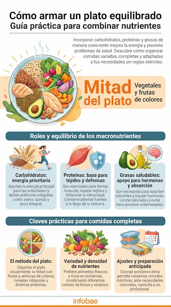 Infografía con un plato dividido en carbohidratos, proteínas, grasas y vegetales; iconos de ejercicio, músculo, cerebro; texto explicativo y logo de Infobae.