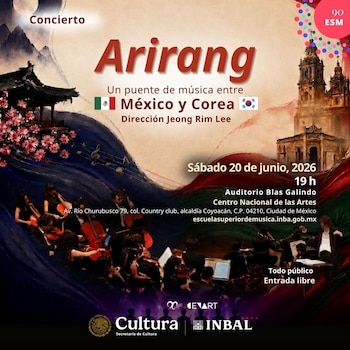 Póster con título Arirang, banderas de México y Corea, fecha 20 de junio de 2026, Auditorio Blas Galindo, orquesta, edificios, flores, logos institucionales
