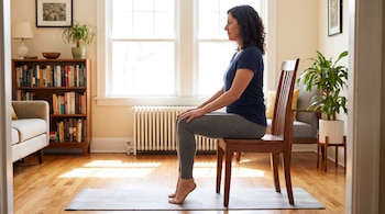 Mujer sentada en una silla de madera con los talones levantados sobre una colchoneta de yoga en una sala con suelo de madera, ventanas y estanterías con libros.