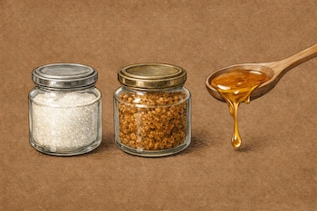 Una ilustración muestra dos frascos con azúcar blanco y azúcar moreno, junto a una cuchara de madera de la que gotea miel, todo sobre un fondo marrón.