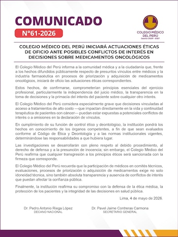 Documento oficial del Colegio Médico del Perú con encabezado "COMUNICADO N°61-2026" y logo, detallando investigaciones éticas sobre fármacos oncológicos