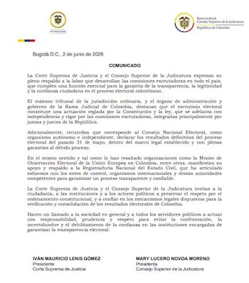 Las altas cortes pidieron actuar con responsabilidad, prudencia y respeto por el proceso y los resultados electorales - crédito Corte Suprema de Justicia