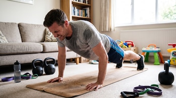 Hombre haciendo flexiones sobre una esterilla de yoga en una habitación con un sofá, una librería, ventanas, pesas rusas, bandas elásticas y una botella.