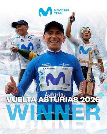 Afiche del Movistar Team anunciando el título de Nairo Quintana en la Vuelta a Asturias 2026 - crédito Movistar Team