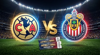 Escudos del Club América y Chivas con la sigla VS y dos boletos de entrada sobre la hierba de un estadio de fútbol iluminado.
