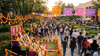 Personas caminando por un pasillo al aire libre con ofrendas de cempasúchil, papel picado de colores, árboles y puestos de venta.