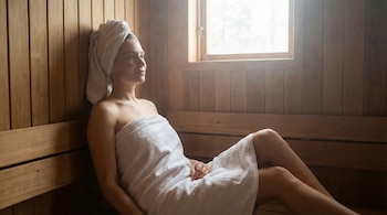 Mujer sentada en un sauna de madera, envuelta en una toalla blanca sobre el pecho y con otra en la cabeza, mirando hacia la ventana.
