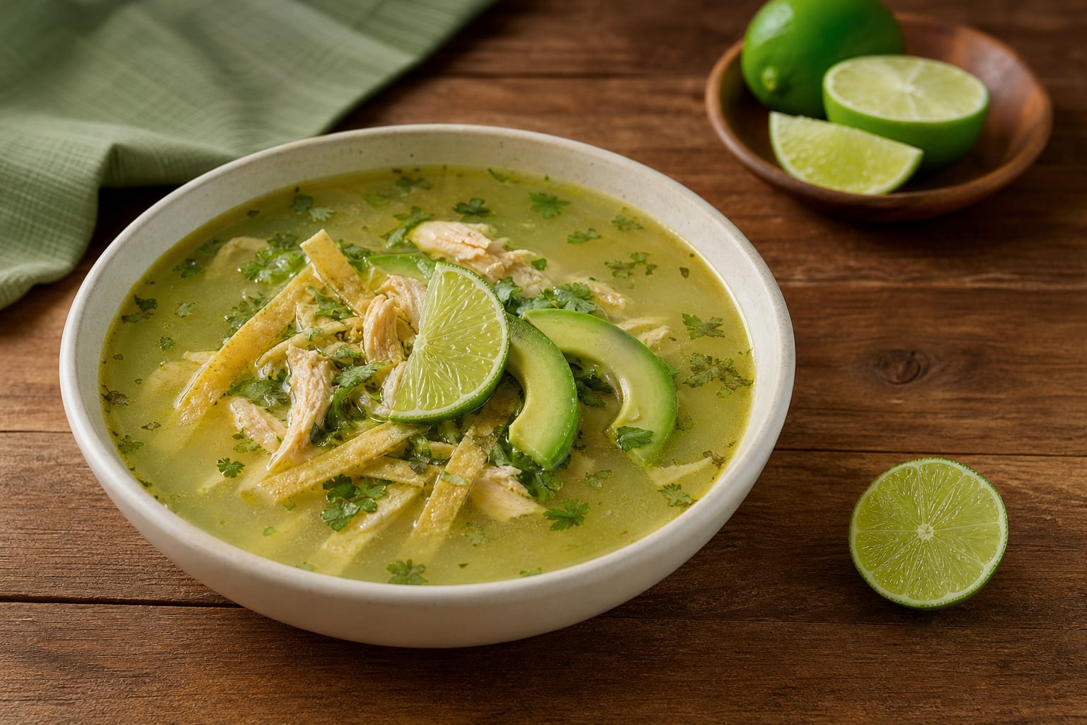 Un tazón de sopa de lima contiene tiras de tortilla, pollo desmenuzado, rodajas de aguacate y cilantro sobre una mesa de madera. (Imagen Ilustrativa Infobae)
