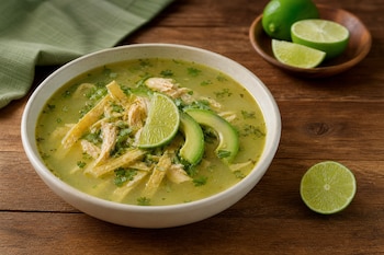 Tazón de sopa con pollo, tiras de tortilla y aguacate sobre una mesa de madera junto a limas partidas y un paño verde.