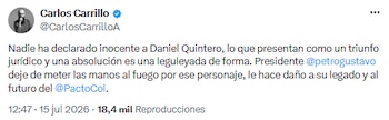 Carlos Carrillo cuestionó apoyo de Gustavo Petro a Daniel Quintero tras decisión judicial - crédito @CarlosCarrilloA/X