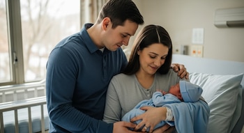 Una madre y un padre sonríen mientras sostienen a su bebé recién nacido, que lleva un gorro y una manta de color azul claro, en una habitación de hospital.
