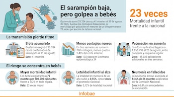 Infografía con texto, gráficos sobre el sarampión en Guatemala e ilustraciones de personal médico atendiendo a niños.