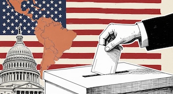 Una mano con traje oscuro deposita una papeleta doblada en una urna de cartón, con el Capitolio, la bandera de Estados Unidos y un mapa de América del Sur de fondo.