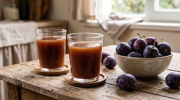 Dos vasos de vidrio con jugo de ciruela y un tazón con ciruelas enteras sobre una mesa de madera.