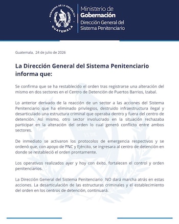 Documento oficial del Ministerio de Gobernación de Guatemala con un comunicado de la Dirección General del Sistema Penitenciario fechado el 24 de julio de 2026