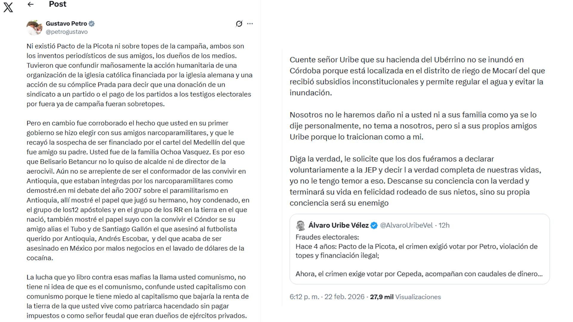 Gustavo Petro arremetió contra el expresidente Álvaro Uribe, acusándolo de estar vinculado con el narcotráfico y el paramilitarismo - crédito @petrogustavo/X