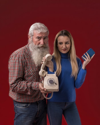 Un hombre mayor con barba blanca sostiene un teléfono fijo de disco, junto a una mujer joven que tiene un teléfono móvil azul, con fondo rojo