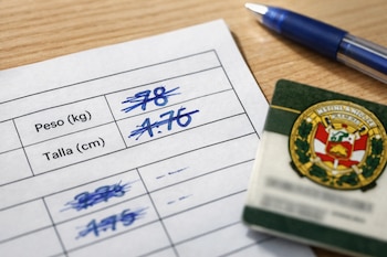 Hoja de registro con campos de peso y talla con números tachados, un bolígrafo azul y una credencial de la Policía Nacional del Perú sobre una mesa de madera.