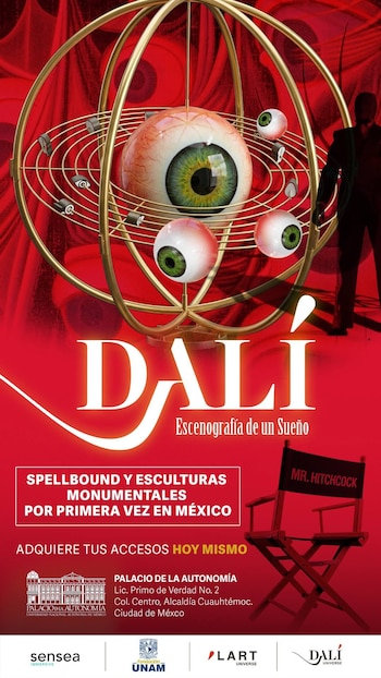 Póster rojo de exposición Dalí con una jaula esférica dorada, un ojo grande central, tres ojos pequeños, silueta de un hombre y silla Mr. Hitchcock