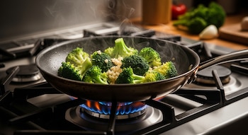 Primer plano de una sartén con brócoli verde y trozos de ajo cocinándose sobre una llama azul en una estufa de gas, con vapor visible.