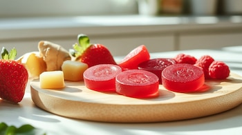 Dulces de gelatina, frutos rojos frescos, presentación creativa, gomitas circulares, arándanos, frambuesas, postre atractivo. - (Imagen Ilustrativa Infobae)