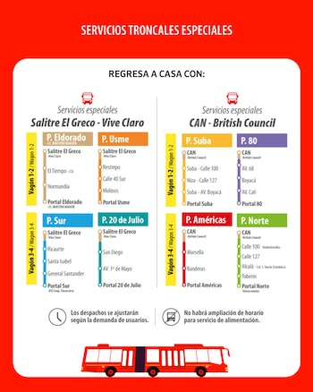 Transmilenio mantendrá las rutas troncales y zonales con tarifas habituales y refuerzos para facilitar el regreso de los asistentes al concierto en Bogotá - crédito Transmilenio