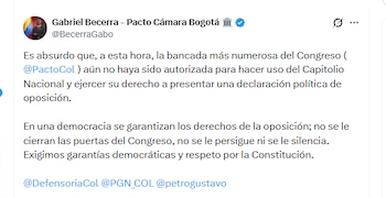 El director nacional del Pacto Histórico, Gabriel Becerra, aseguró que las directivas del Congreso no han autorizado el uso del Capitolio Nacional para un evento programado por el partido - crédito @BecerraGabo/X