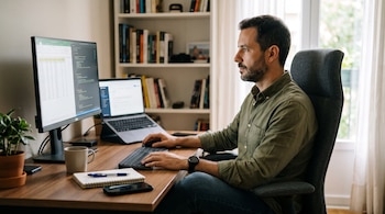 Un hombre sentado en una silla de oficina frente a un escritorio de madera con un monitor, un teclado y una computadora portátil.